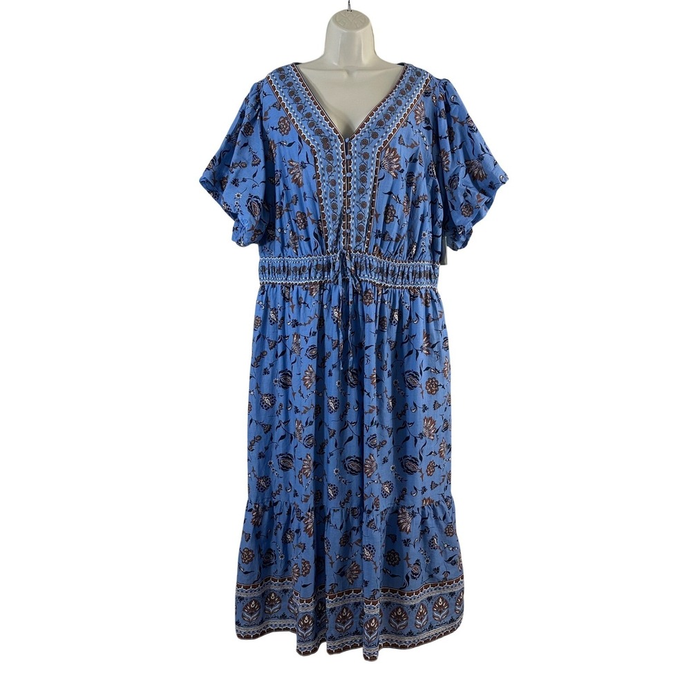 Lea Blue Floral Cotton Midi Dress Plus Size 2X Smocked Waist Tiered Ruffle New